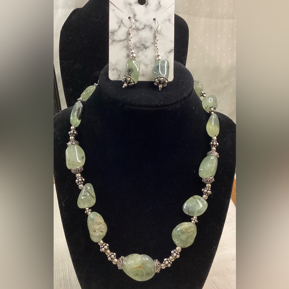 Elegant Green Moss Prehnite Beaded Necklace and Earring Set